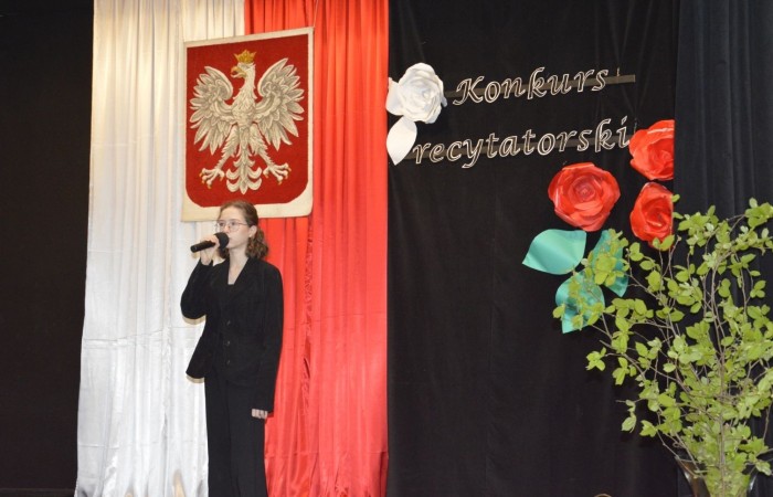 Konkurs rozpoczął występ zdolnych i uroczych dziewczynek z klasy czwartej, które pod kierunkiem p. Iwony Matukiewicz przygotowały na ten dzień poezję śpiewaną znanej polskiej wokalistki Sannah ,,Nic dwa razy się nie zdarza”.

Następnie, na tle przygotowanej przez p. Iwonę Matukiewicz scenografii, ze sceny popłynęły dziecięce wiersze Jana Brzechwy w wykonaniu najmłodszych recytatorów z klas IV. Uczniowie klas V zaprezentowali bajki Ignacego Krasickiego, natomiast uczniowie klas VI recytowali fraszki Jana Kochanowskiego. Klasy VII przypomniały wszystkim widzom utwory A. Mickiewicza oraz Cypriana Norwida. Najstarsi uczestnicy konkursu wygłosili z pamięci fragmenty ,,Pana Tadeusza” Adama Mickiewicza.