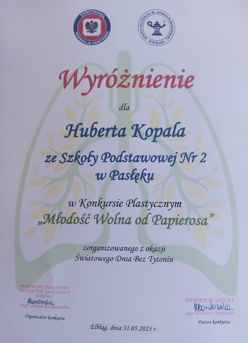 W ramach obchodów Światowego Dnia Bez Tytoniu, który przypada 31 maja 2023 r. Państwowy
Powiatowy Inspektor Sanitarny w Elblągu zorganizował konkurs plastyczny pod nazwą „Młodość
Wolna od Papierosa”. Ideą przewodnią konkursu była profilaktyka uzależnień od papierosów
tradycyjnych i elektronicznych oraz pogłębianie wiedzy na temat skutków ich stosowania. Zadaniem
uczestników konkursu było stworzenie pracy plastycznej o tematyce antytytoniowej. Konkurs
skierowany był do uczniów klas IV-VI szkół podstawowych miasta Elbląg i powiatu elbląskiego.
