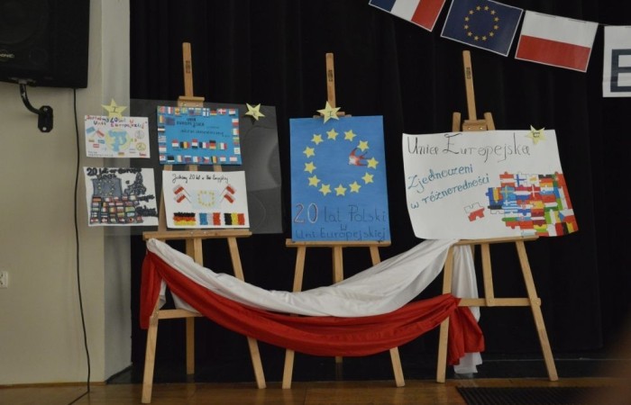 Aktywni we wspólnej Europie to projekt realizowany przez naszą szkołę w partnerstwie ze Stowarzyszeniem na rzecz Rozwoju Wsi Aniołowo. W ramach realizacji działań projektowych odbyła się dziś szczególna uroczystość. Uczniowie klas czwartych i siódmych przygotowali spotkanie tematyczne przybliżając ideę Unii Europejskiej. Był polonez, barwy narodowe, symbole unijne. Podczas spotkania odbyło się wręczenie nagród za konkurs plastyczny 