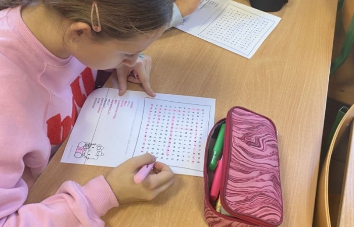 Podczas zajęć projektowych „ język angielski w praktyce” utrwalaliśmy i powtarzaliśmy słownictwo związane min. z opisem osoby, w tym wypadku ulubionej postaci z bajki, produktów żywieniowych czy opisem pokoju. Każdy uczeń omawia swoją pracę i  dodatkowo odpowiada na pytania nauczyciela. Tworzyliśmy także grę poświęconą stopniowaniu przymiotników i otaczającego naszą szkole krajobrazu. 